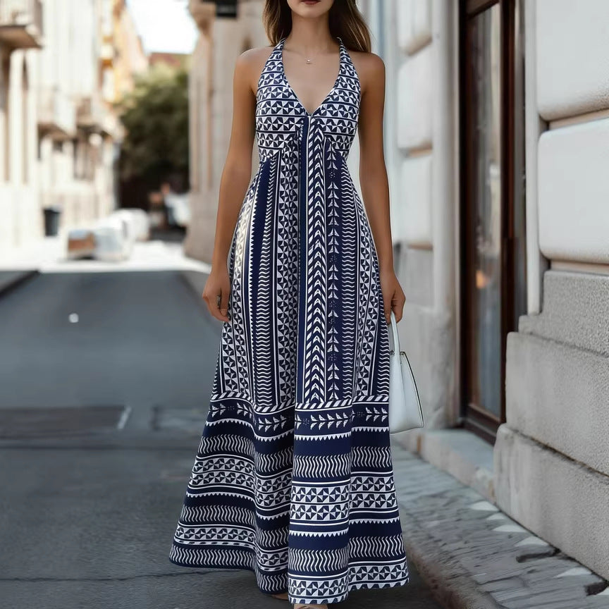 Damen Maxikleid Geometrisches Muster V-Ausschnitt Eveloria