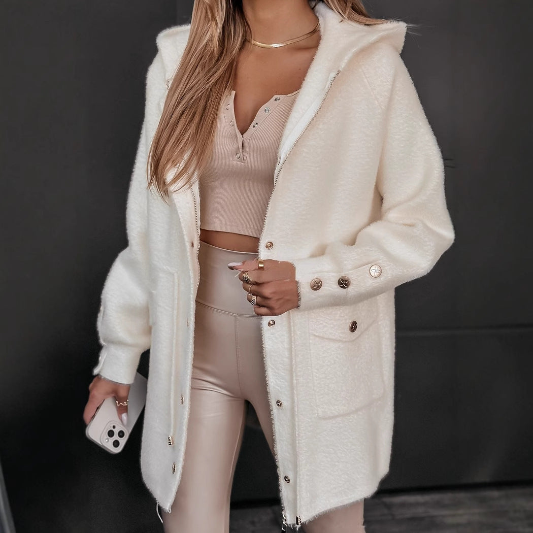 Damen Fleecejacke Mit Kapuze Druckknöpfe Grau Eveloria - Eveloria