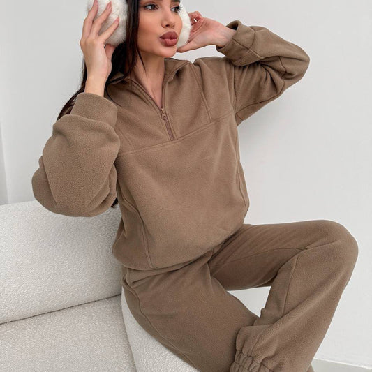 Damen Fleece-Loungewear-Set Hochkragen Elastischer Bund Grau Eveloria - Eveloria