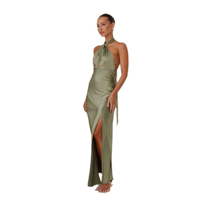 Damen Maxikleid Halterneck Schimmerstoff Seitenschlitz