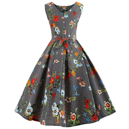 Damen A-Linien Kleid mit Blumenmuster und Karomuster