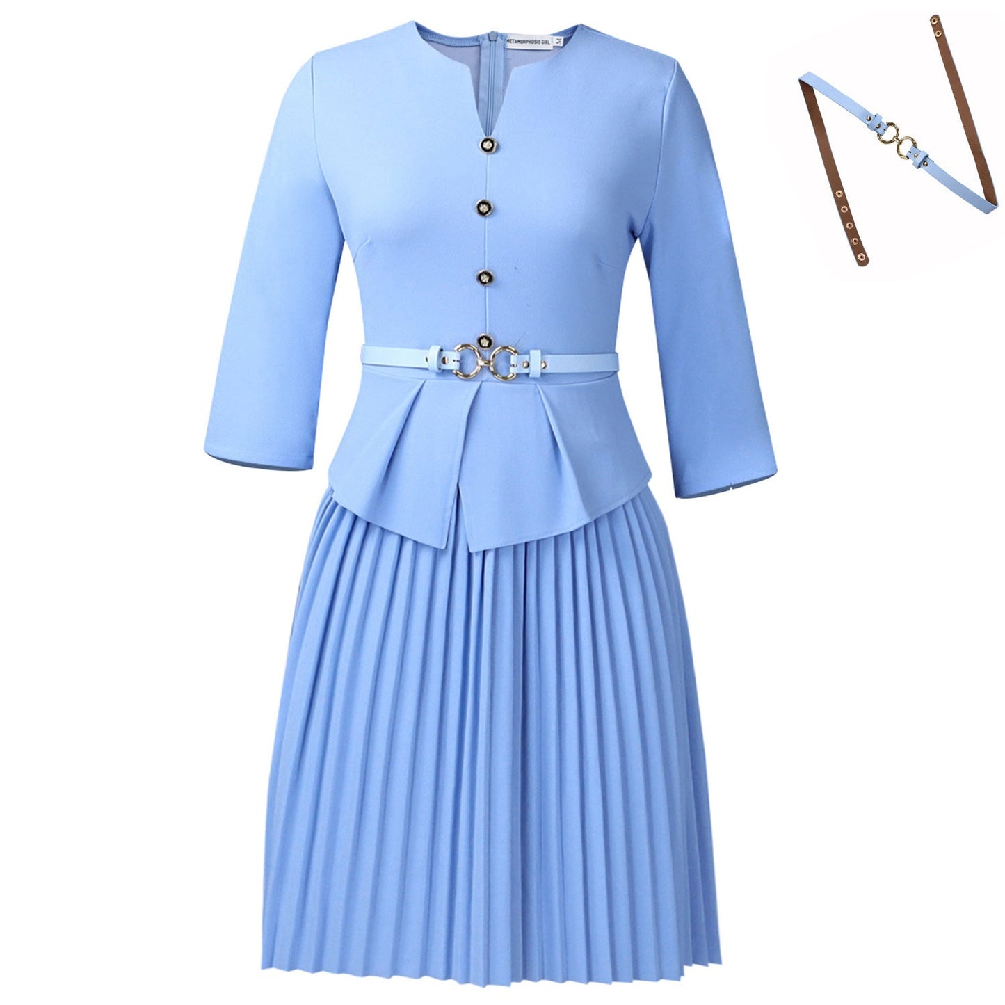 Damen Plissee-Kleid mit Taillenbluse und modischem Gürtel