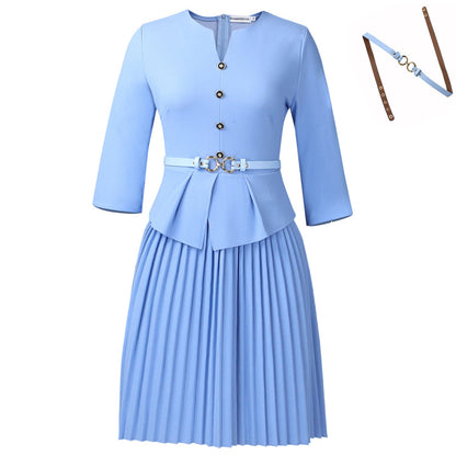 Damen Plissee-Kleid mit Taillenbluse und modischem Gürtel