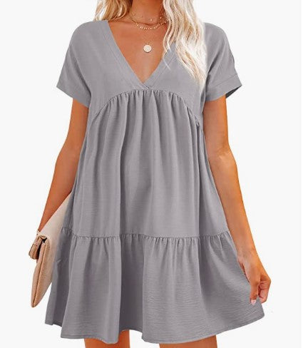 Damen V-Ausschnitt Kleid Weit schwingender Saum Eveloria
