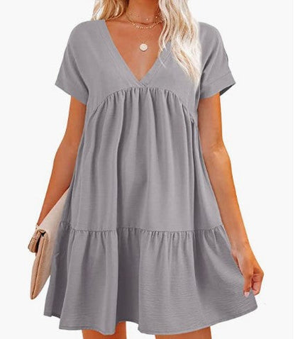 Damen V-Ausschnitt Kleid Weit schwingender Saum Eveloria