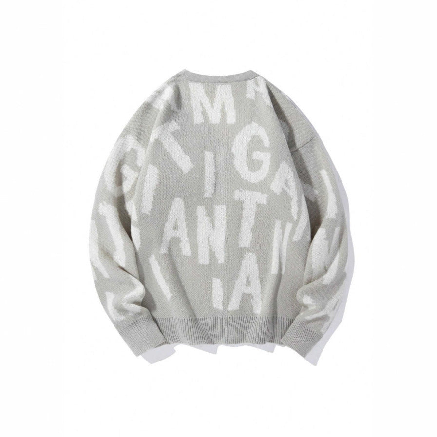 Damen Strickjacke V-Ausschnitt mit Schriftmuster Anthrazit