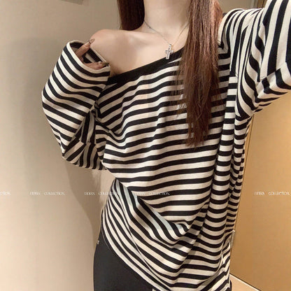Damen Oversized Off-Shoulder Langarmshirt Streifenmuster Eveloria