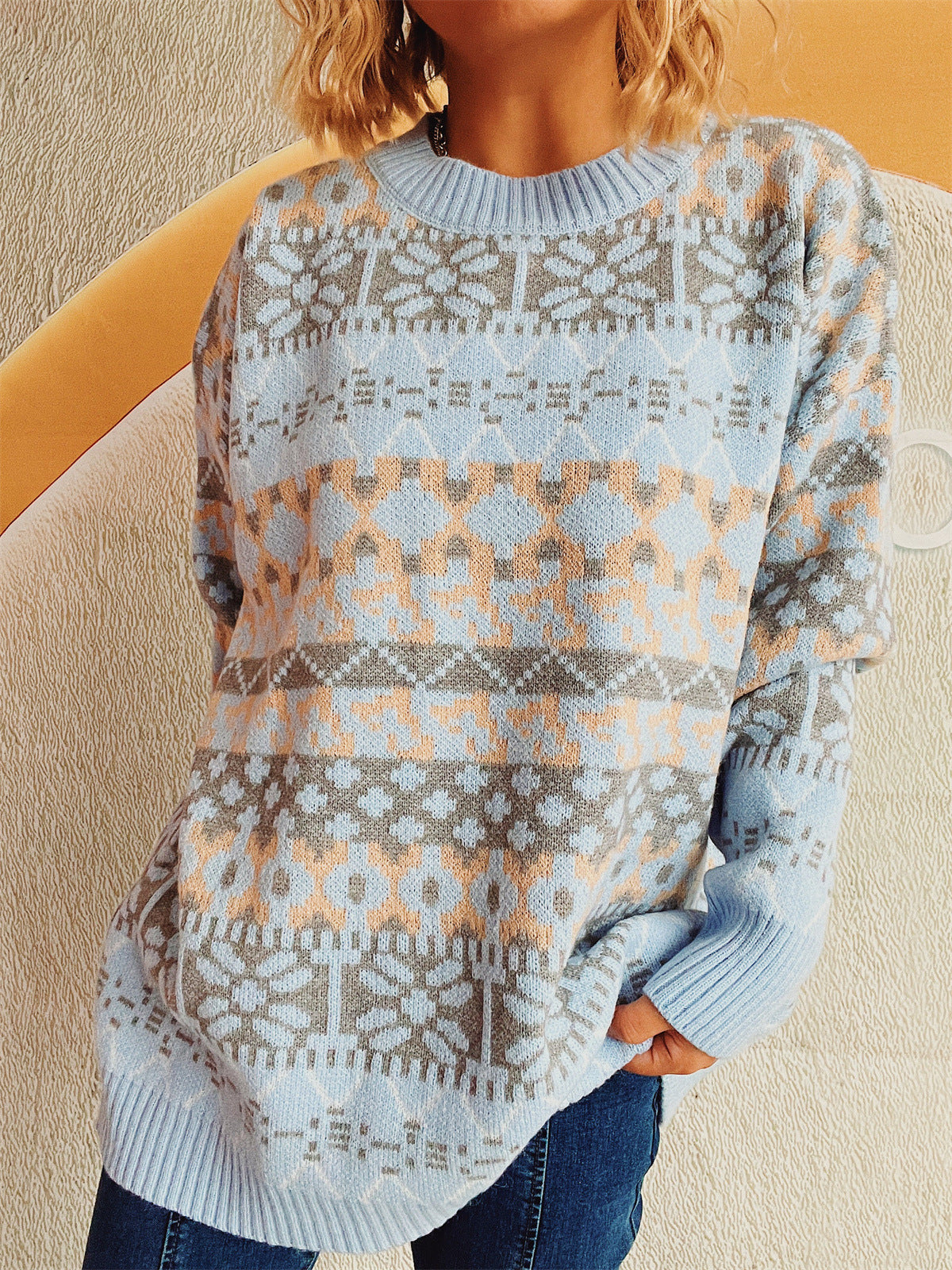 Damen Pullover Norweger Muster Lässig Bequem Eveloria