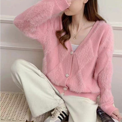 Damen Strickjacke Flauschig mit Knöpfen Beige