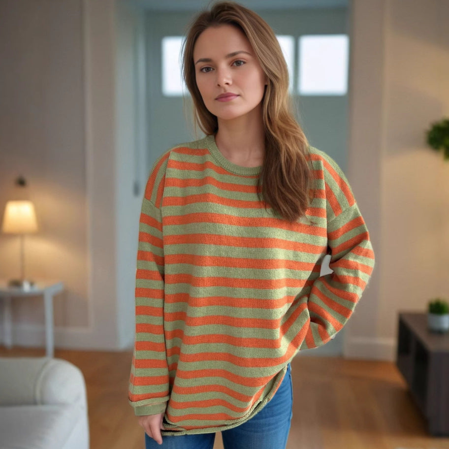 Damen Oversized-Pullover Gestrickt Lässiges Streifenmuster
