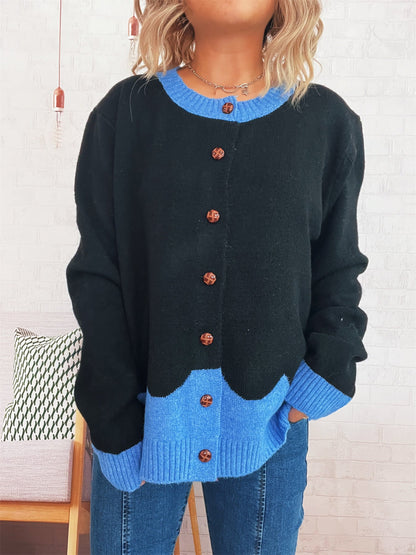 Damen Strickjacke Kuschelig Kontrastbündchen Knöpfe