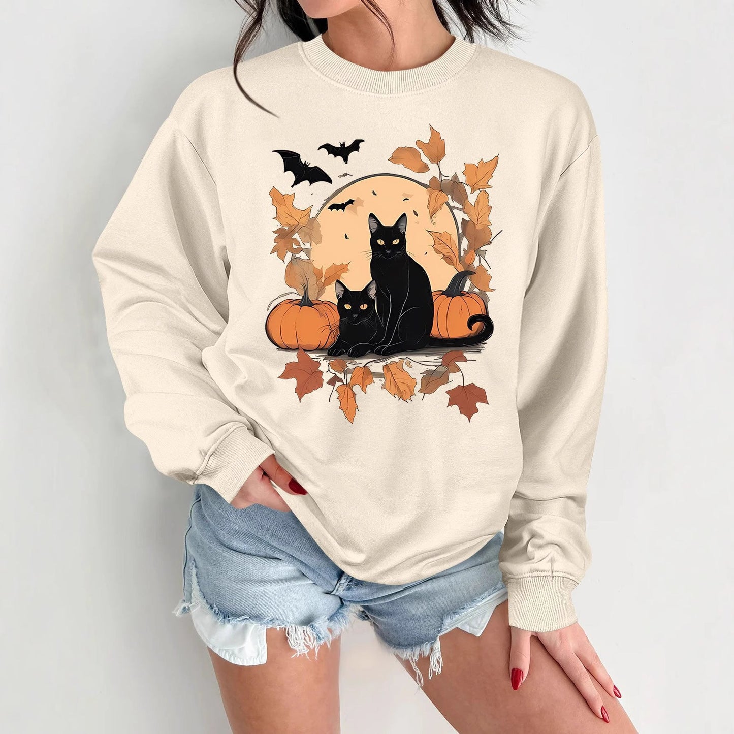 Damen Sweatshirt Herbstlich Katzen Kürbis Design Eveloria