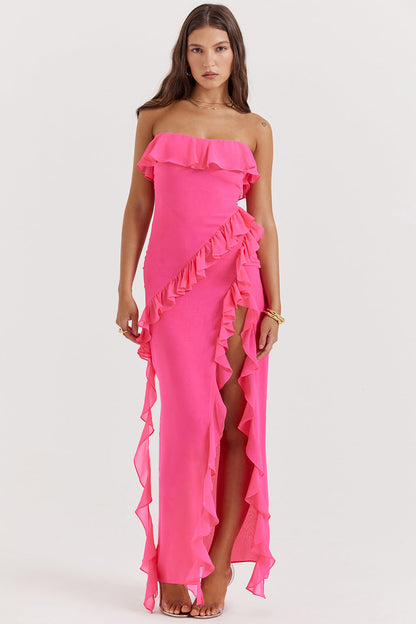 Damen Maxikleid Rüschen Off-Shoulder