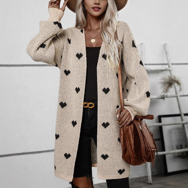 Damen Strickjacke Herzmuster Lässig Grün