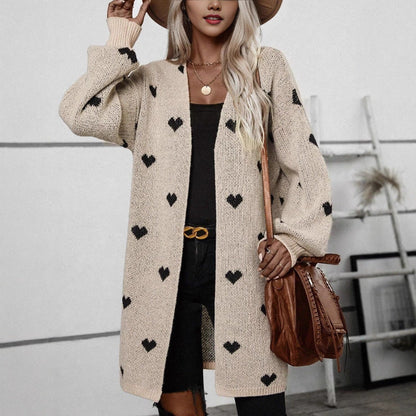 Damen Strickjacke Herzmuster Lässig Grün