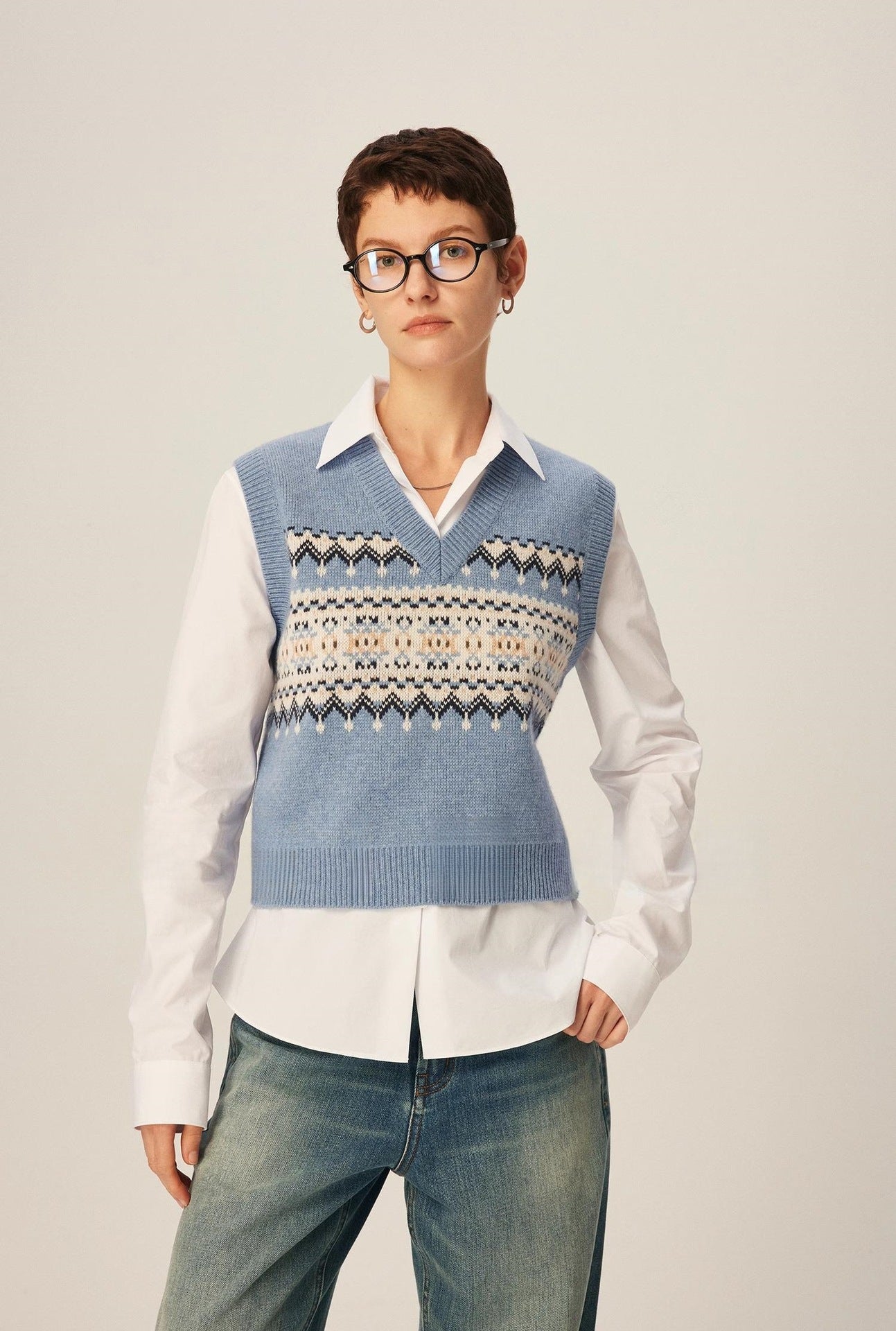 Damen Strickpullover V-Ausschnitt Geometrisches Muster Eveloria