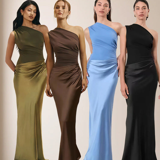 Damen Abendkleid Asymmetrisch Satin Schimmer Schwarz Eveloria - Eveloria