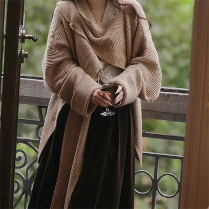 Damen Oversized Strickpullover Asymmetrisch Weich Grau Eveloria