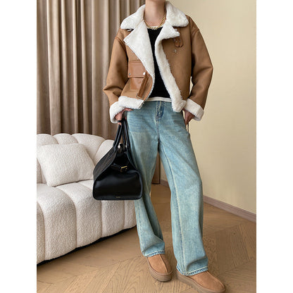 Damen Lammfelljacke Cropped Schnitt mit Druckknöpfen Eveloria