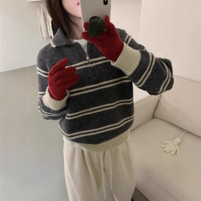 Damen Strickpullover Halbreißverschluss Gestreift Eveloria