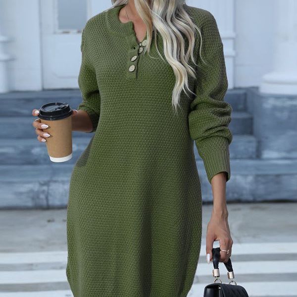 Damen Strickkleid Lässiger Schnitt Mit Knöpfen Beige