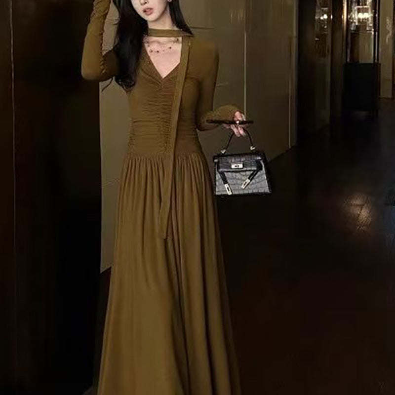 Eveloria Damen Maxi-Kleid V-Ausschnitt Längsärmel Elegantes Abendkleid - Eveloria