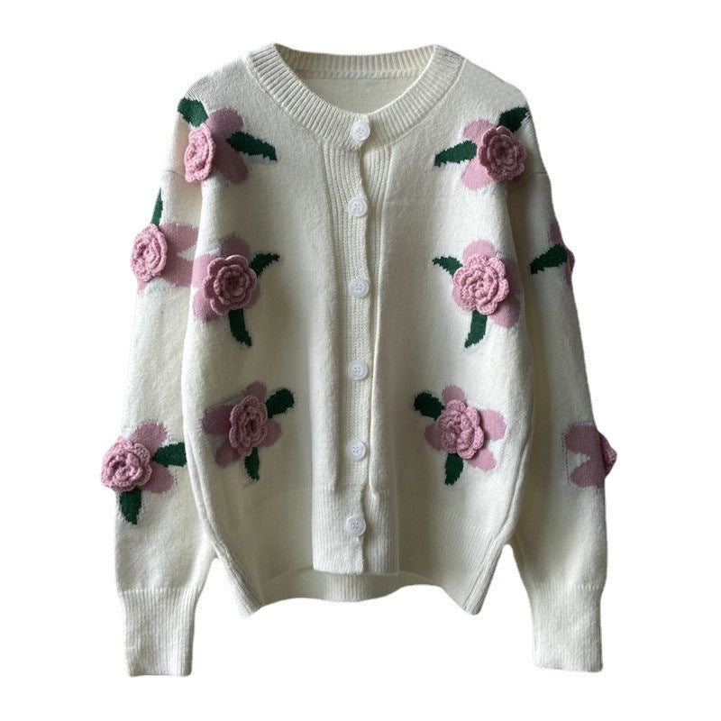Damen Strickjacke Blumenmuster Knopfverschluss Eveloria