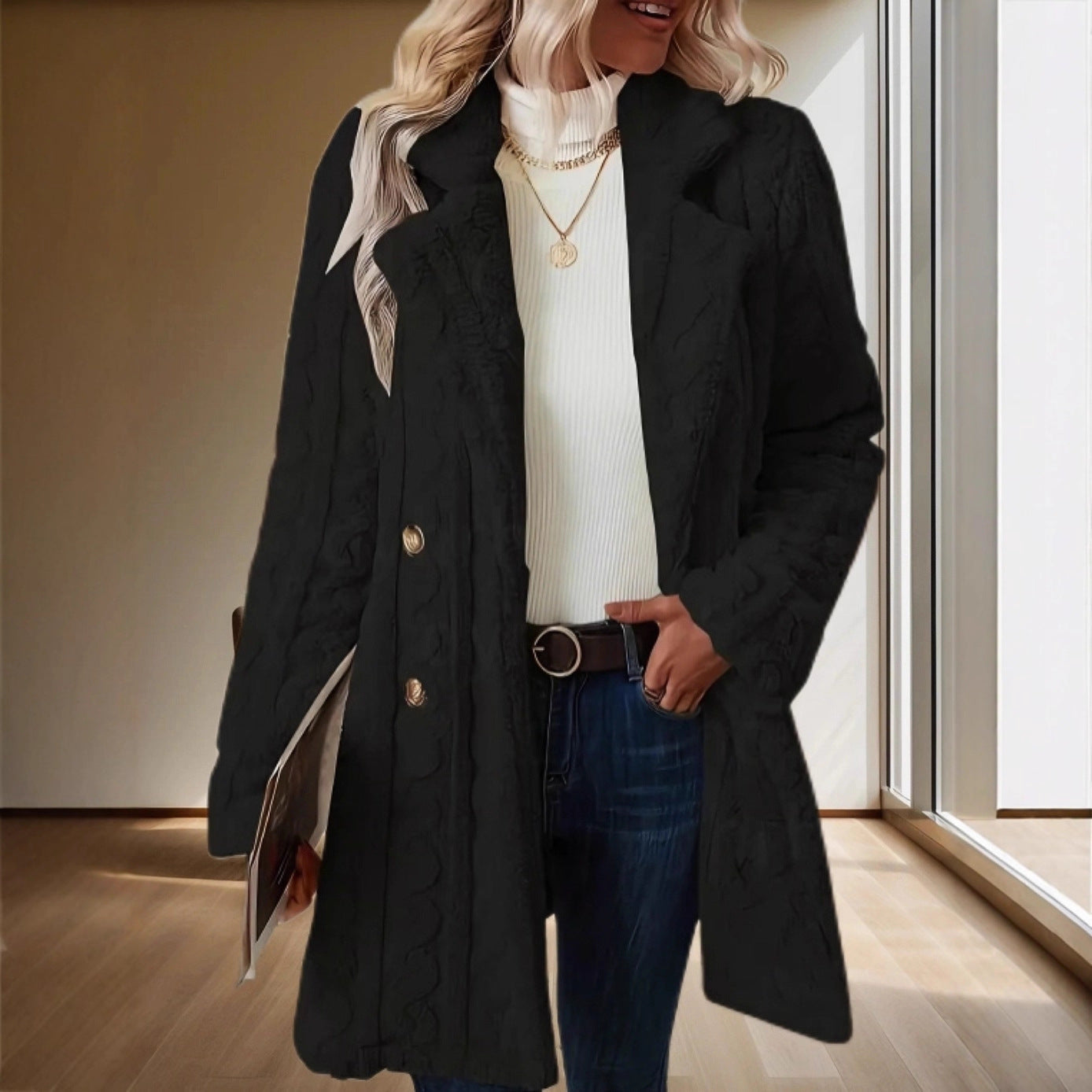 Damen Strickmantel mit besonderer Textur und eleganten Knöpfen - Eveloria