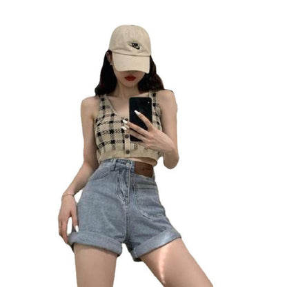 Damen Cropped Karomuster Knöpfe Eveloria