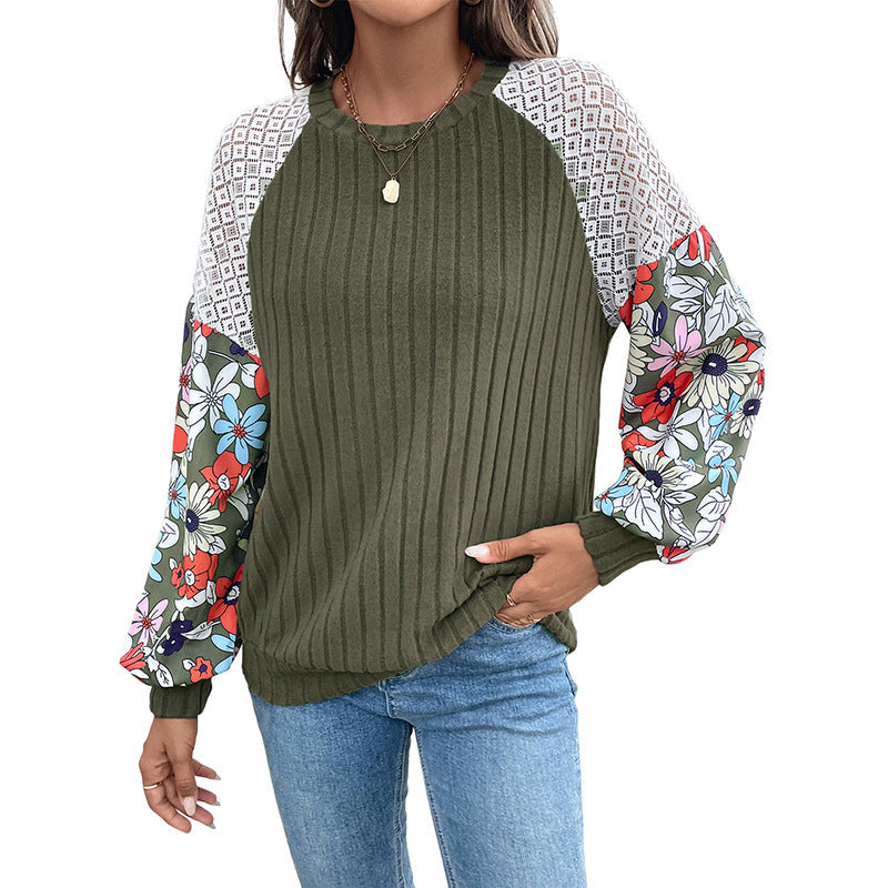 Damen Strickpullover Bunt Blumenärmel Rippenstruktur