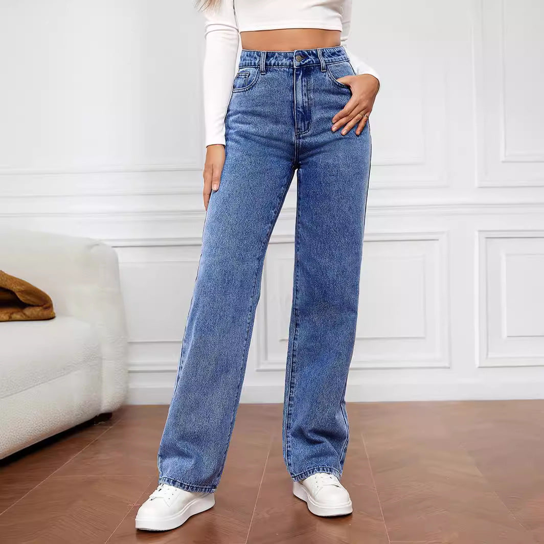 Damen High-Waist Jeans Weit Bequem Blau Eveloria