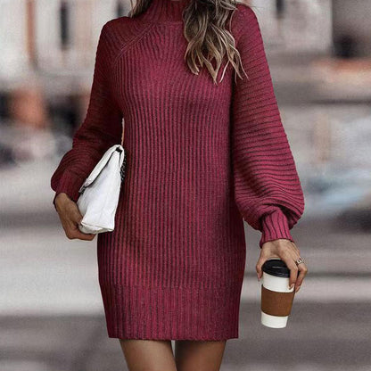 Damen Strickkleid Hochkragen Volumenärmel Eveloria