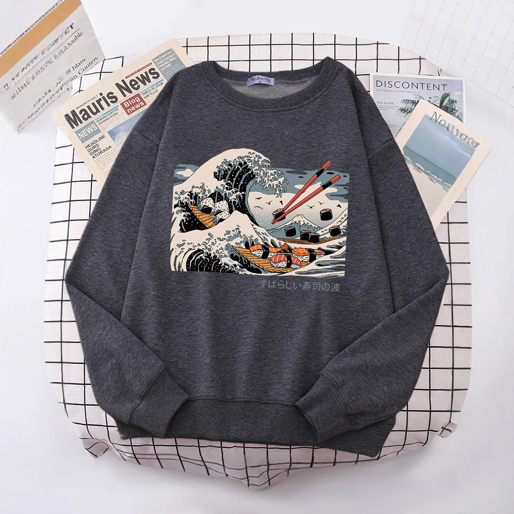 Damen Sweatshirt Wellen-Design Baumwolle Gemütlich Grau