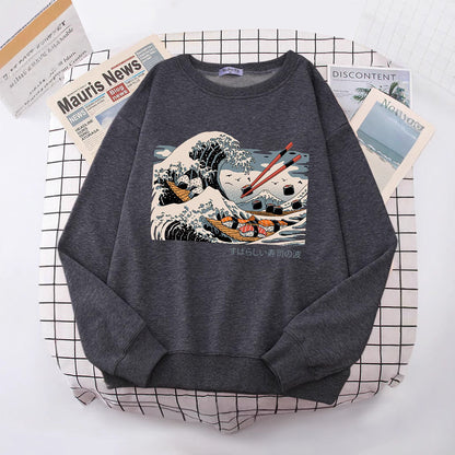 Damen Sweatshirt Wellen-Design Baumwolle Gemütlich Grau