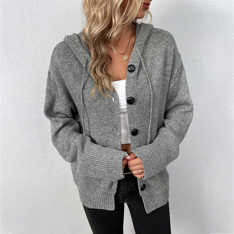 Damen Strickjacke Kapuze Grobstrick Grau