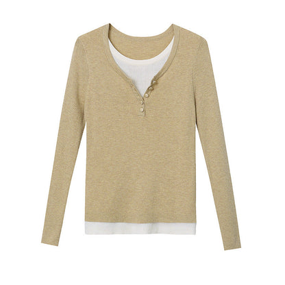 Damen Langarm-Henley-Pullover Feine Rippstruktur Beige