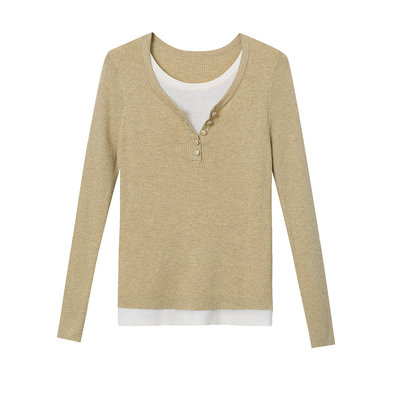 Damen Langarmshirt V-Ausschnitt Knopfdetails Weiße oder Dunkle Farben