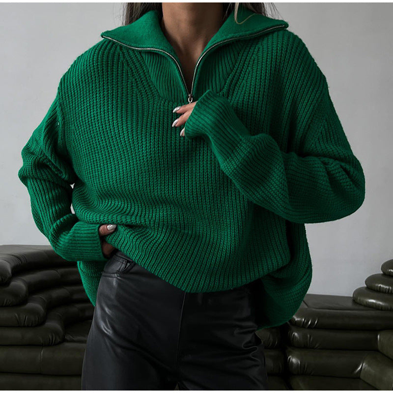 Damen Strickpullover Oversized mit Reißverschluss und Stehkragen