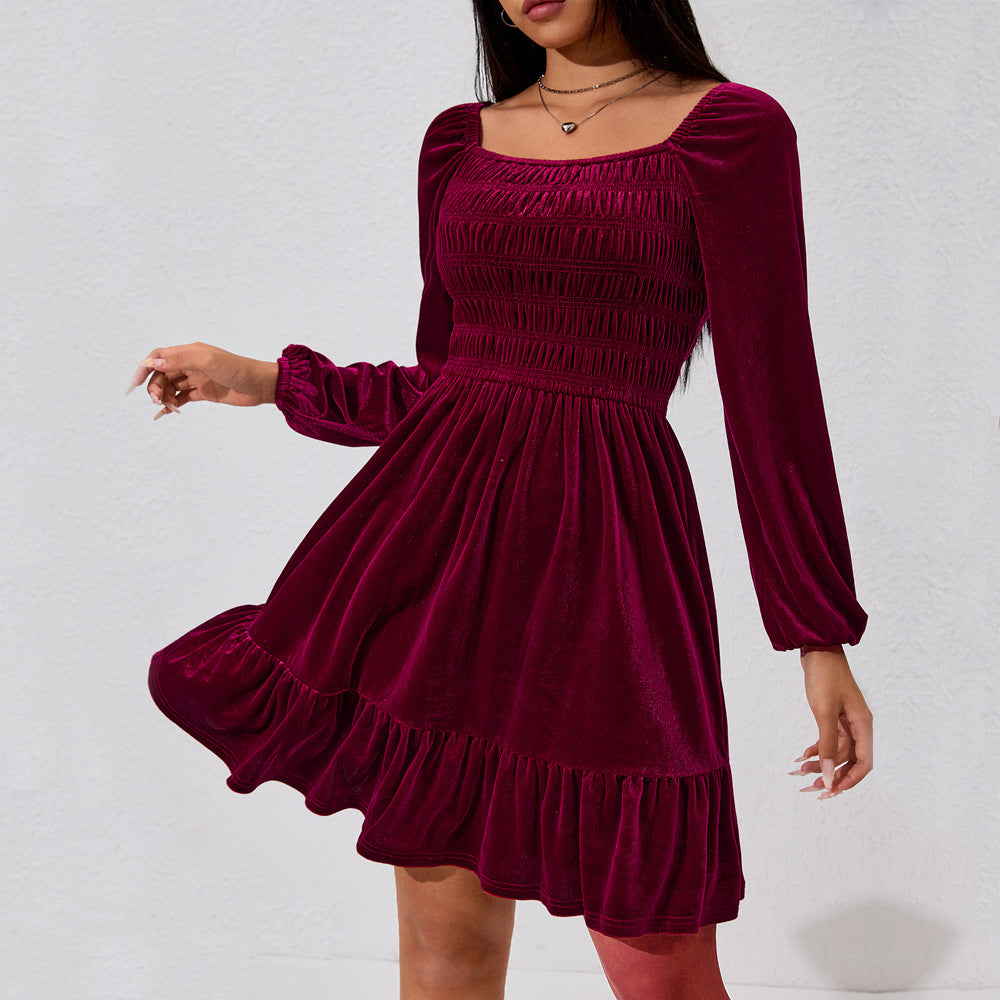 Damen Minikleid Samt Rüschendetails Elastischer Bund Schwarz Eveloria - Eveloria