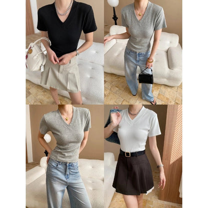 Damen V-Ausschnitt T-Shirt Rippstrick Figurbetont Eveloria