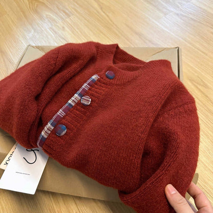 Damen Strickjacke Karomuster Mit Knöpfen Beige