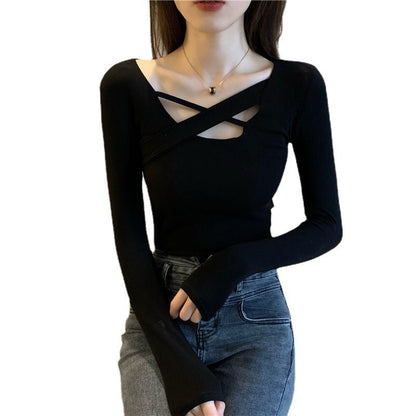Damen Langarmbody Kreuzdesign Ausschnitt