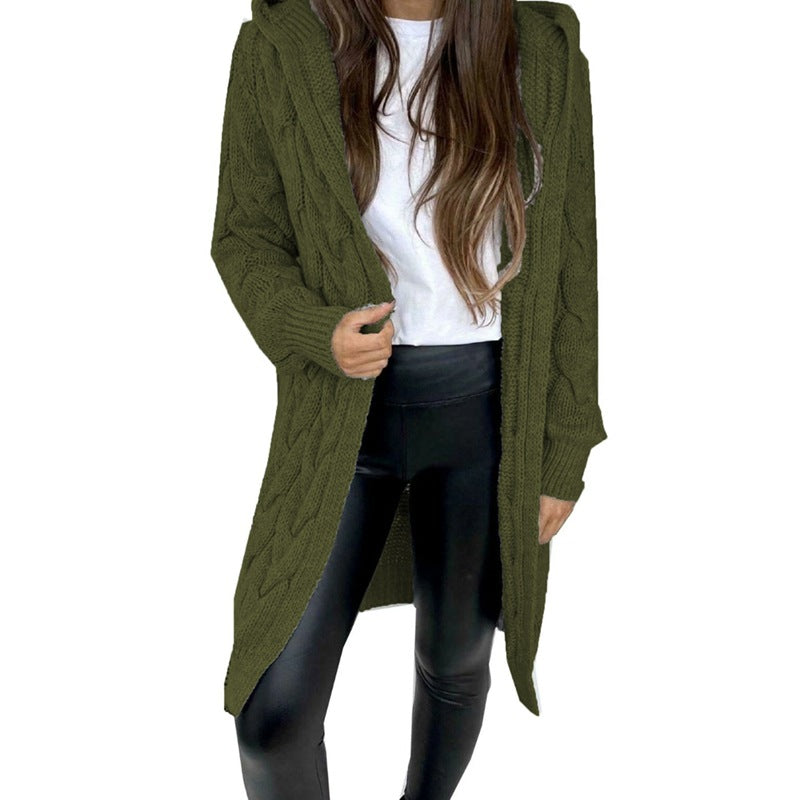 Damen Strickmantel mit Kapuze Kabelmuster Beige