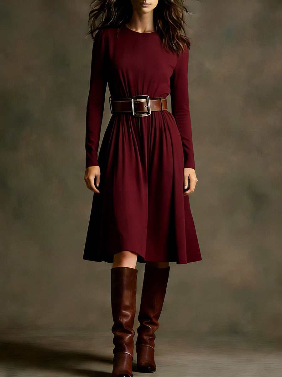 Damen Elegantes Kleid Langarm Taillengürtel Eveloria