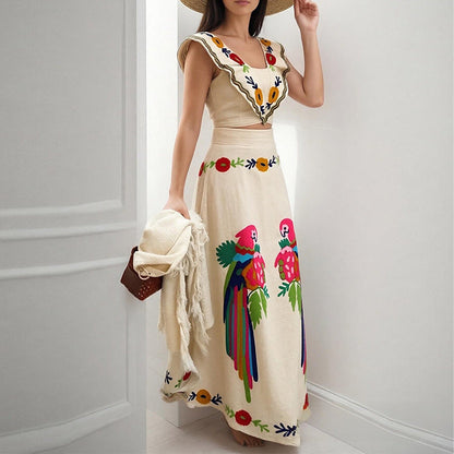 Damen Maxikleid mit Stickmuster und Volantärmeln Elegant