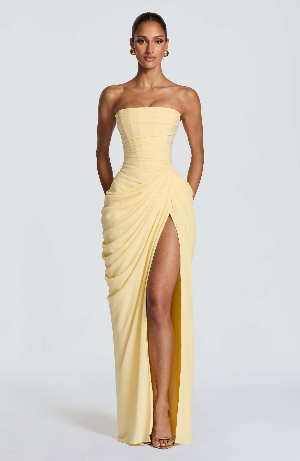 Damen Abendkleid Langarm Asymmetrisch Schlitz Eveloria