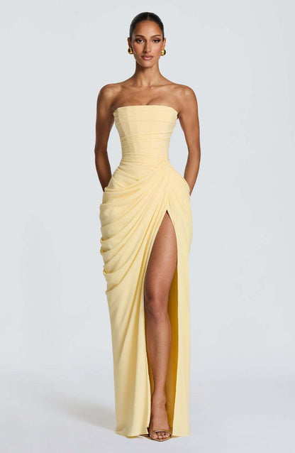 Damen Abendkleid Langarm Asymmetrisch Schlitz Eveloria