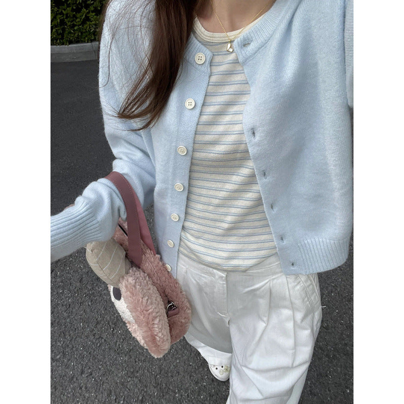 Damen Strickjacke Rundhalsausschnitt Edelknöpfe Beige