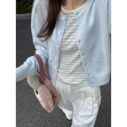 Damen Strickjacke Rundhalsausschnitt Edelknöpfe Beige