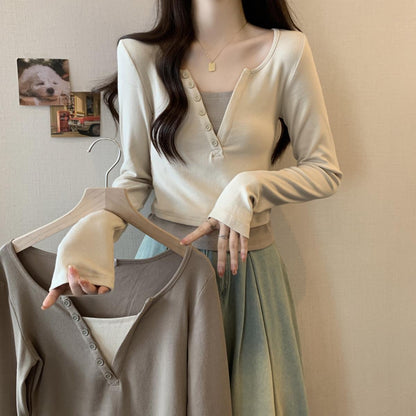 Damen Langarmshirt Rundhalsausschnitt Knopfleiste Eveloria